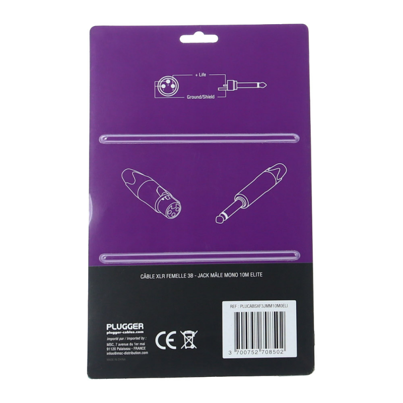 PLUGGER Câble XLR Femelle 3b - Jack Mâle Mono 0.6m Elite
