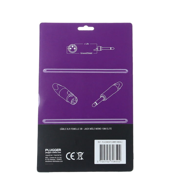 PLUGGER Câble XLR Femelle 3b - Jack Mâle Mono 3m Elite