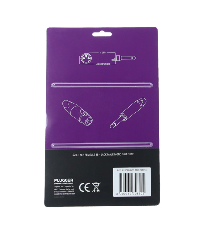 PLUGGER Câble XLR Femelle 3b - Jack Mâle Mono 10m Elite