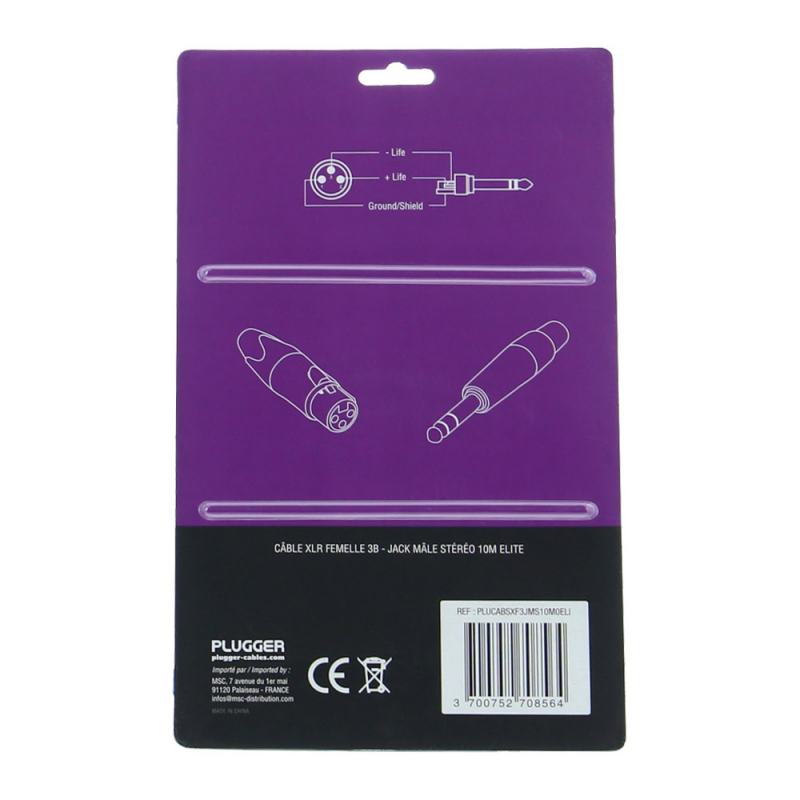 PLUGGER Câble XLR Femelle 3b - Jack Mâle Stéréo 0.6m Elite