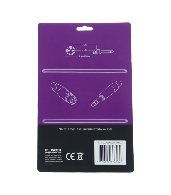 PLUGGER Câble XLR Femelle 3b - Jack Mâle Stéréo 1.50m Elite