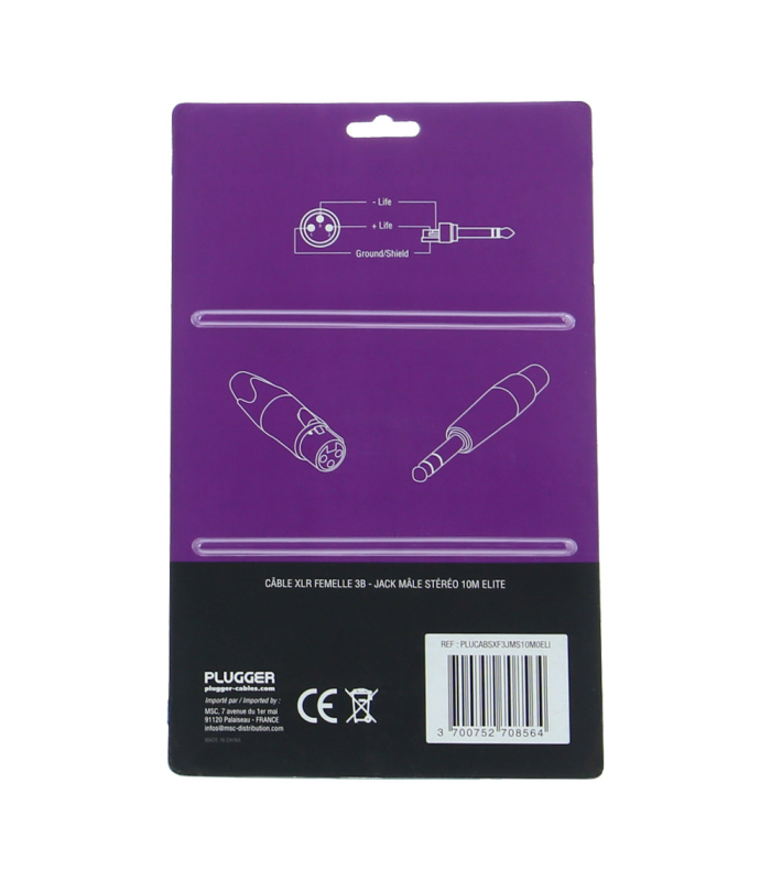 PLUGGER Câble XLR Femelle 3b - Jack Mâle Stéréo 15m Elite