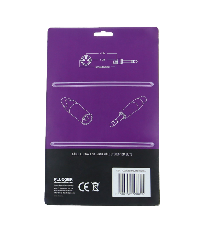 PLUGGER Câble XLR Mâle 3b - Jack Mâle Stéréo 6m Elite