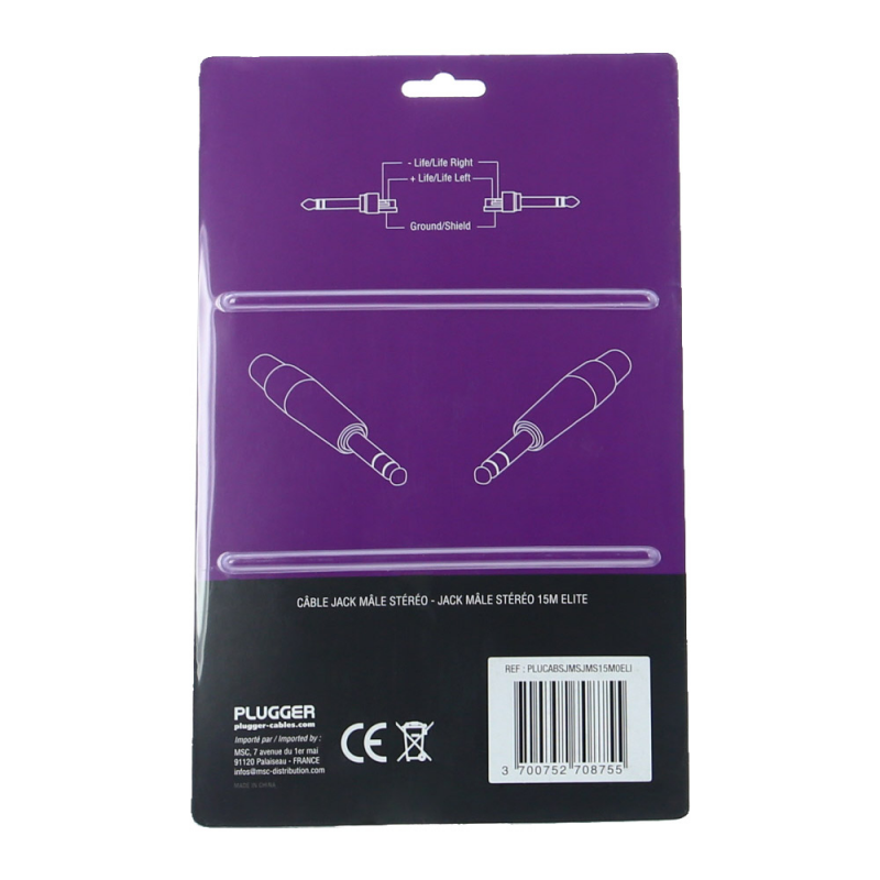 PLUGGER Câble Jack Mâle Stéréo - Jack Mâle Stéréo 0.60 m Elite