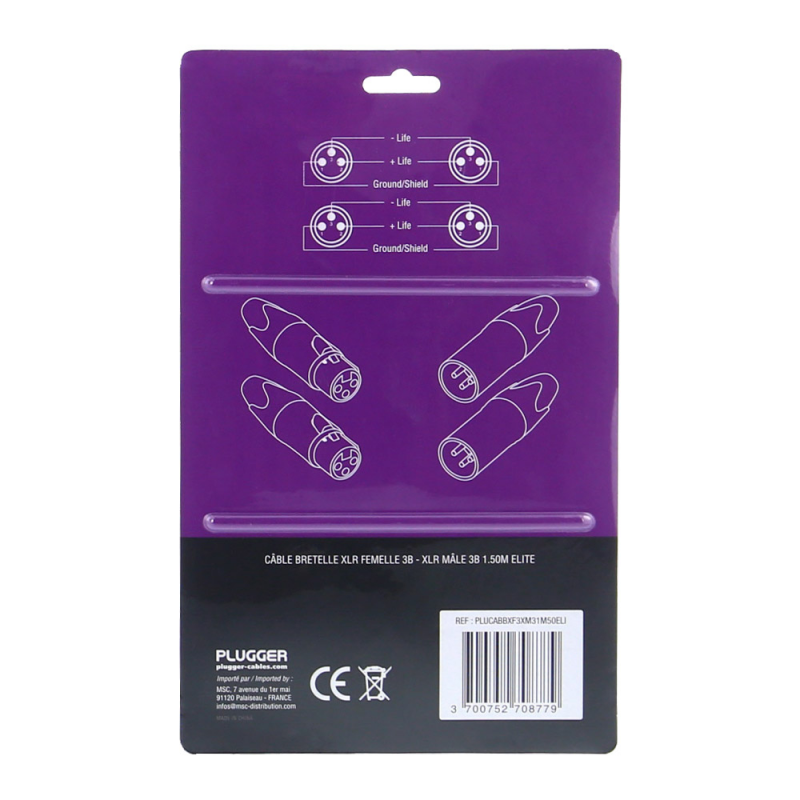 PLUGGER Câble Bretelle XLR Femelle 3b - XLR Mâle 3b 0.60m Elite