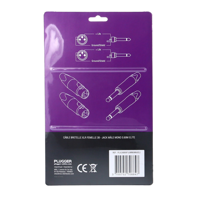 PLUGGER Câble Bretelle XLR Femelle 3b - Jack Mâle Mono 0.60m Elite