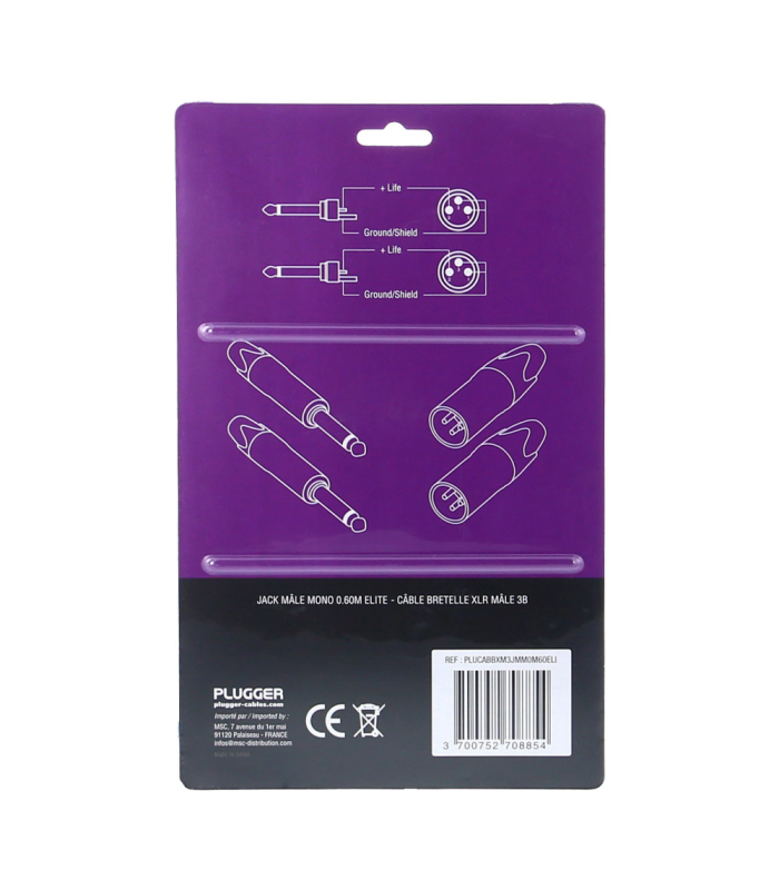 PLUGGER Câble Bretelle XLR Mâle 3b - Jack Mâle Mono 0.60m Elite