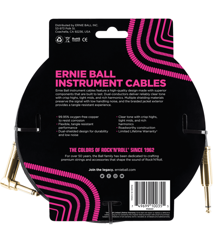 Câble Instruments ERNIE BALL CÂBLE JACK/JACK COUDÉ   60811